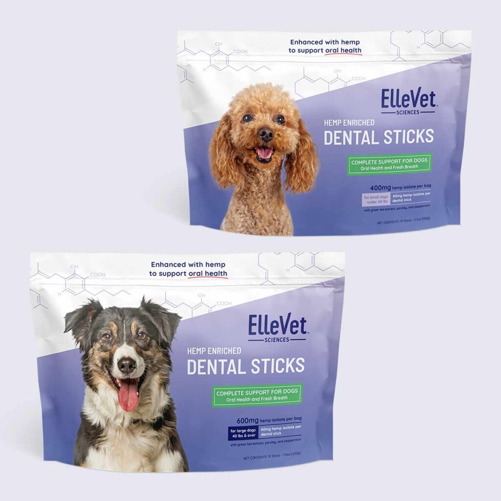 ElleVet Hemp Enriched Dental Sticks, large and small dog bags